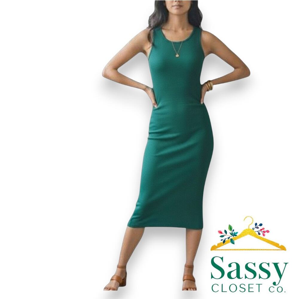 ✨ OLIVIA GREY NWOT Green Ribbed Maxi Tank Dress L Side Slit Stitch Fix 🌿